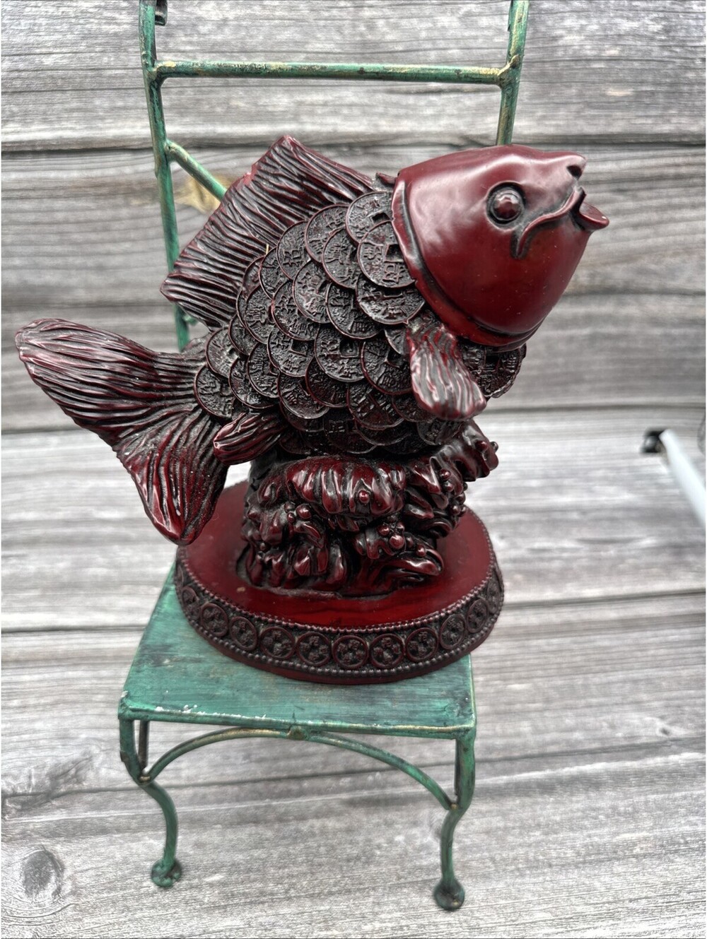 VTG Red Resin Koi Fish Figurine with Chinese Coin Scales Goldfish Boho Asian
